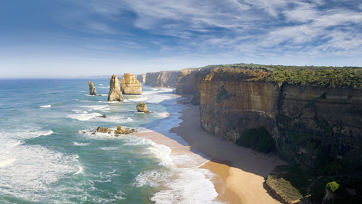 茶色の岩の形成、自然、グレートオーシャンロード、オーストラリア、海岸、ビーチ、崖、 HDデスクトップの壁紙