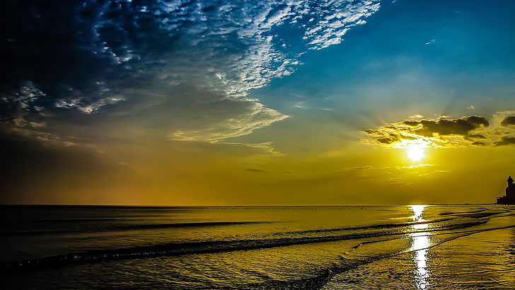 cielo, horizonte, naturaleza, cuerpo de agua, mar, puesta de sol, resplandor crepuscular, reflexión, oro, playa, nube, sol, agua, atardecer, calma, Fondo de pantalla HD