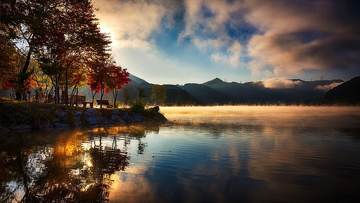 водоем, природа, пейзаж, озеро, горы, вода, отражение, туман, деревья, облака, осень, HD обои