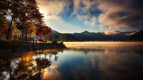 cuerpo de agua, naturaleza, paisaje, lago, montañas, agua, reflexión, niebla, árboles, nubes, otoño, Fondo de pantalla HD HD wallpaper