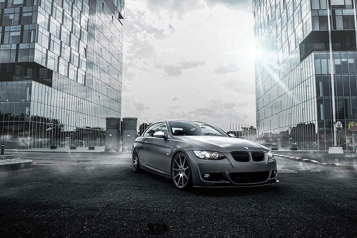 gray BMW car, The sky, Fog, The city, BMW, Tuning, Drives, Coupe, E92, Deep Concave, HD wallpaper