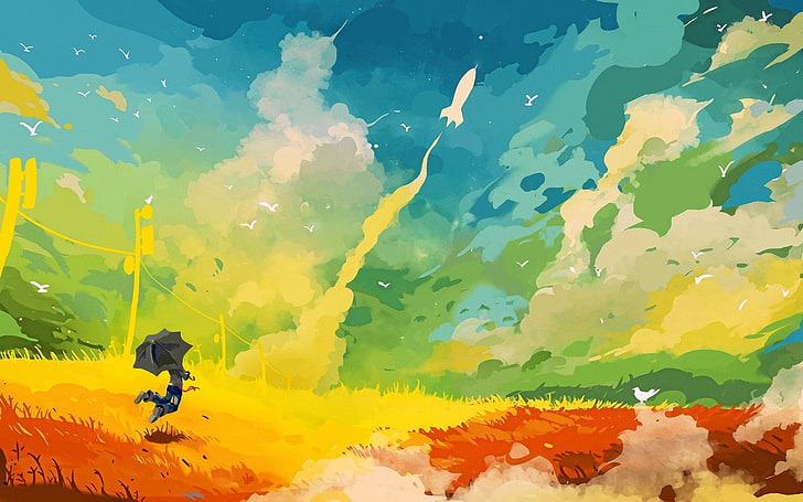 mehrfarbige abstrakte Malerei, Grafik, Regenschirm, Fantasiekunst, bunt, Landschaft, Rakete, Vögel, digitale Kunst, Anime, Himmel, HD-Hintergrundbild