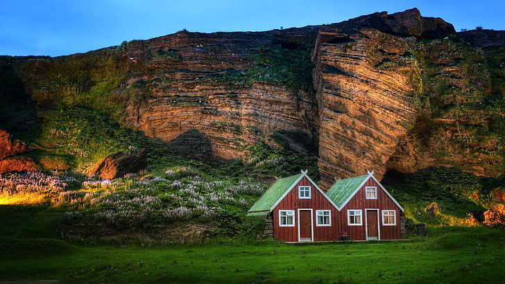 nature, house, cliff, amazing, iceland, little home, home, awesome, lodges, lodge, HD wallpaper