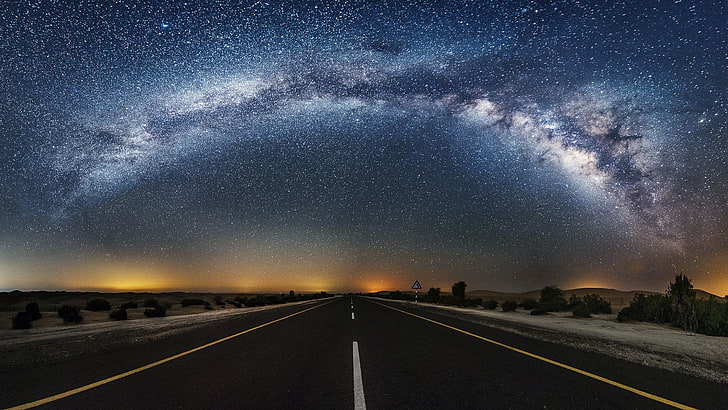 black asphalt road, stars, road, desert, HD wallpaper