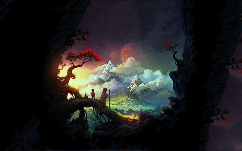 lukisan pohon berdaun merah, dua orang di ilustrasi pohon cokelat, warna-warni, The Wormworld Saga, Daniel Lieske, seni fantasi, pegunungan, lanskap, petualang, planet, awan, kota, pohon, matahari, komik, Wallpaper HD HD wallpaper