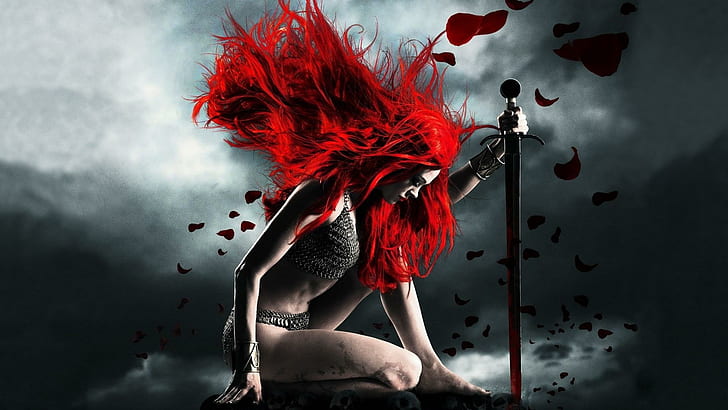 Rothaarige-Krieger, rote Haarfrau, die Klingenillustration, rote Blumenblätter, darksky, Frau, Krieger, 3d und Zusammenfassung hält, HD-Hintergrundbild