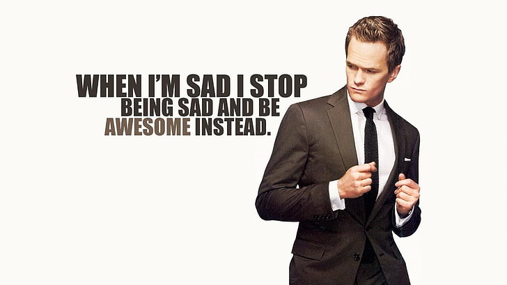 men's black formal suit with text overlay, How I Met Your Mother, Barney Stinson, quote, HD wallpaper