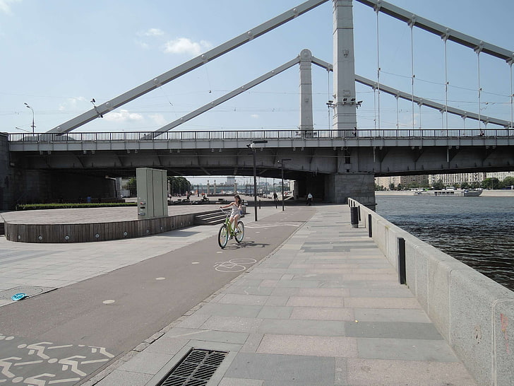 bridge, cycling road, cycling way, moscow, moscow river, park, promenade, river, river embankment, HD wallpaper