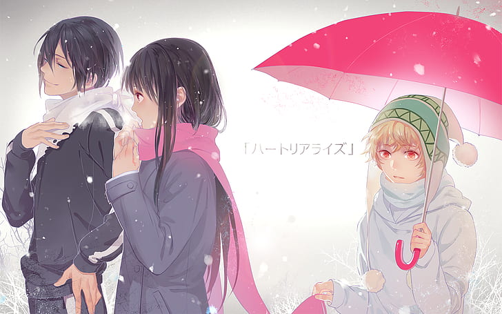 Noragami, Yato (Noragami), Yukine (Noragami), Iki Hiyori, anime dziewczyny, parasol, śnieg, zimno, zima, anime, Tapety HD