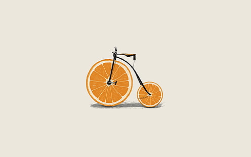 illustrazione di bicicletta arancione e nera, arancione, zeppe, ruote, bicicletta, minimalismo, bici, Sfondo HD HD wallpaper