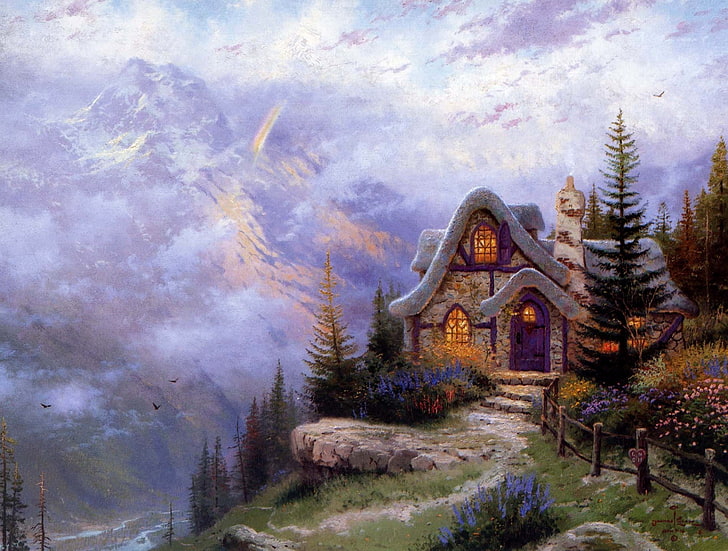 green pine trees, mountains, house, landscape, spruce, painting, cottage, stone, Thomas Kinkade, the slope of the mountain, Sweetheart Cottage III, HD wallpaper