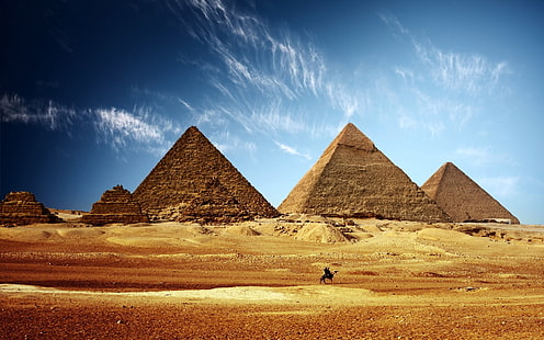 The Great Pyramids of Giza, pyramids, egypt, sand, desert, camel, sky, heat, HD wallpaper HD wallpaper