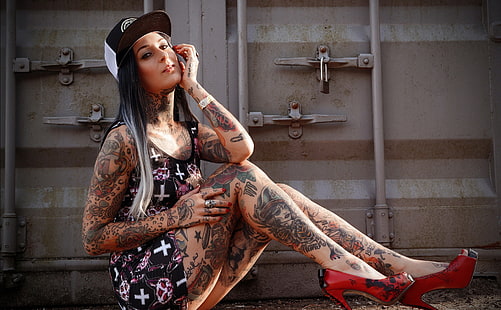 mujer, tatuaje, tacones altos, sombrero, modelo, Fondo de pantalla HD HD wallpaper