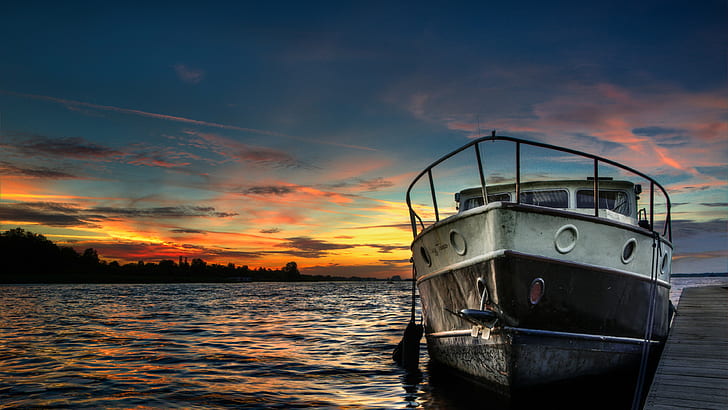 zachód słońca, łódź, HDR, jezioro, Tapety HD