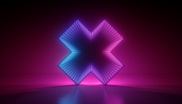 abstract, neon, artwork, laser, lights, 3D, render, glowing, gradient, shapes, disco, minimalism, tunnel, pink, blue, LEDs, HD wallpaper