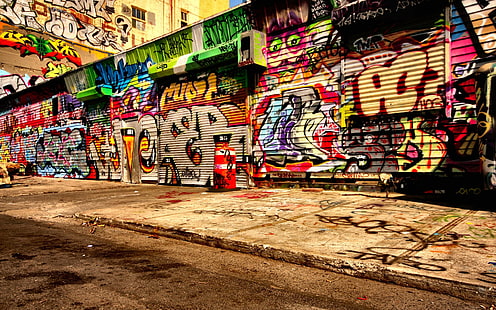 граффити разных цветов, граффити, асфальт, стена, HD обои HD wallpaper