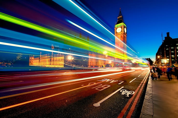 light photography of city road, Big Ben, blur, light, photography, city road, clock tower, England, night, Nikon, Nomadic, travel, UK, famous Place, london - England, traffic, double-Decker Bus, urban Scene, houses Of Parliament - London, city Of Westminster, architecture, street, blurred Motion, illuminated, city, dusk, cityscape, long Exposure, bus, transportation, city Life, HD wallpaper