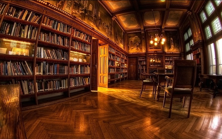 кафява дървена библиотека, стая, тапет, библиотека, HD тапет