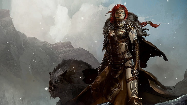 Frau trägt graue Körperschutzkleidung neben grauem Tier als digitales Hintergrundbild, Guild Wars 2, Fantasy-Mädchen, Fantasy-Kunst, Videospiele, HD-Hintergrundbild