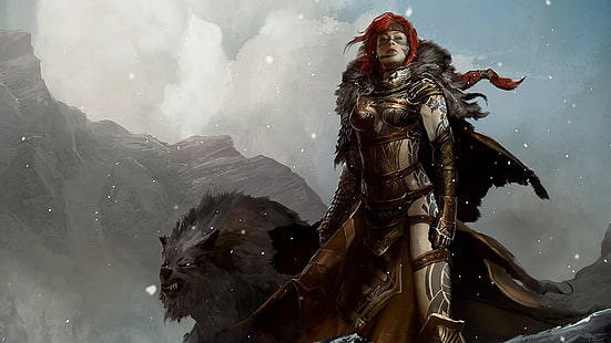 woman wearing gray body armor beside gray animal digital wallpaper, Guild Wars 2, fantasy girl, fantasy art, video games, HD wallpaper HD wallpaper