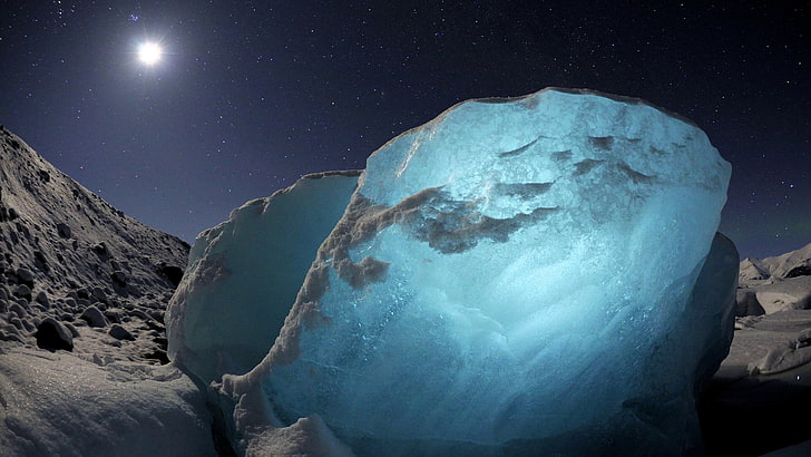 piedra azul, hielo, azul, luces, estrellas, invierno, naturaleza, cian, Fondo de pantalla HD