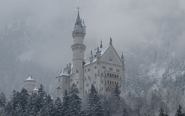 бял замък, архитектура, Schloss Neuschwanstein, Германия, замък, готика, сняг, зима, HD тапет