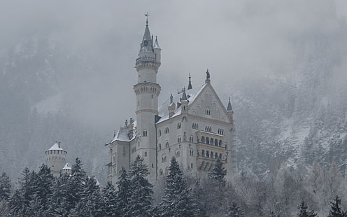 biały zamek, architektura, Schloss Neuschwanstein, Niemcy, zamek, gotyk, śnieg, zima, Tapety HD HD wallpaper