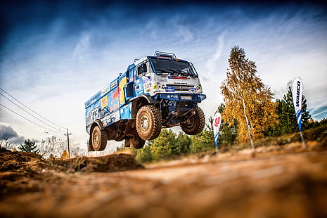 trucks, vehicle, racing, Rally, dirt, jumping, Red Bull, HD wallpaper HD wallpaper