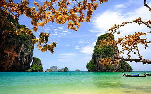 Vietnam, beau paysage, mer, rochers, îles, arbres, feuilles, bateaux, Vietnam, beau, paysage, mer, rochers, îles, arbres, feuilles, bateaux, Fond d'écran HD HD wallpaper