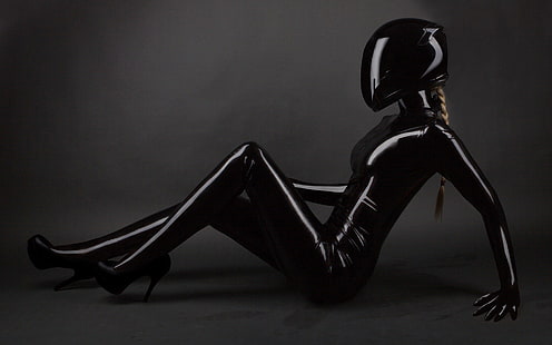 capacete preto, capacete, loira, salto alto, couro, mulheres, látex, HD papel de parede HD wallpaper