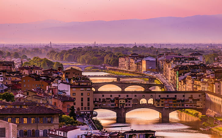イタリア、フィレンツェ、アルノ川、橋、家、夕暮れ、イタリア、フィレンツェ、アルノ、川、橋、家、夕暮れ、 HDデスクトップの壁紙