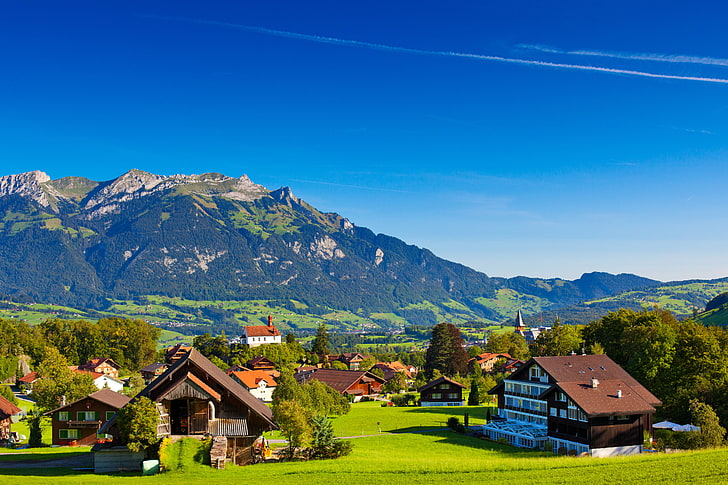 茶色の木造住宅、緑、夏、木、風景、山、自然、丘、家、スイス、アルプス、住宅、アルプス、 HDデスクトップの壁紙