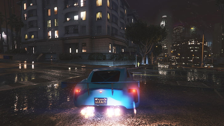 berline 5 portes noire, Grand Theft Auto V, voiture, pluie, rue, Fond d'écran HD