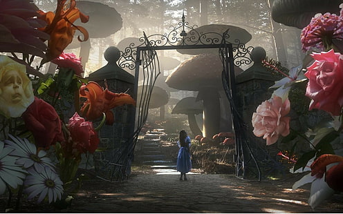 Alice, Burton, fiori, tim, paese delle meraviglie, Sfondo HD HD wallpaper