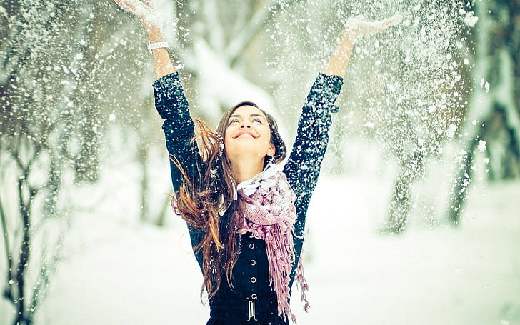 женщины, снег, зима, брюнетка, шарф, HD обои