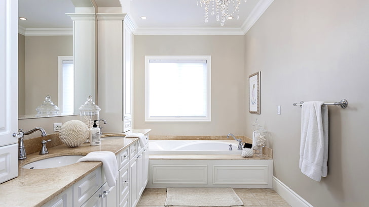 бяла вана, стая, кърпа, огледало, прозорец, вана, гардероб, баня, HD тапет