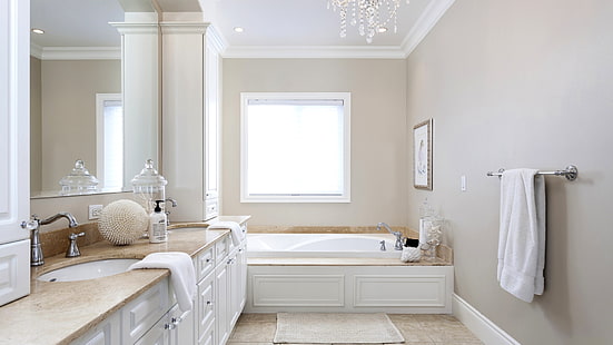 white bathtub, room, towel, mirror, window, bath, wardrobe, bathroom, HD wallpaper HD wallpaper