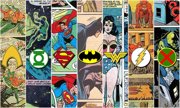 Komiksy, Liga Sprawiedliwości, Aquaman, Batman, DC Comics, Flash, Zielona Latarnia, Logo, Martian Manhunter, Wonder Woman, Tapety HD