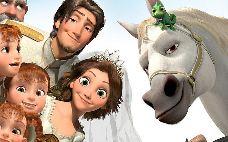 Disney Tangled characters digital wallpaper, happiness, children, chameleon, horse, girls, cartoon, Rapunzel, the bride, Princess, wedding, crown, the robber, Complicated story, Pascal, Maximus, Flynn, the groom, bride, Happy forever, Tangled ever after, Tangled 2, short film, HD wallpaper