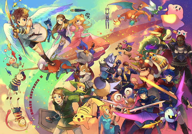 anime characters wallpaper, Super Smash Brothers, Link, Samus Aran, Fox McCloud, Falco, Marth, Nintendo, Princess Peach, bowser, Pikachu, Zelda, video games, HD wallpaper