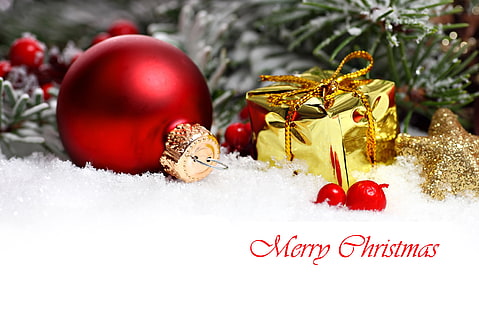 röd julgranskulor, stjärnor, snö, dekoration, körsbär, bollar, gåvor, nyår, ornament, god jul, HD tapet HD wallpaper