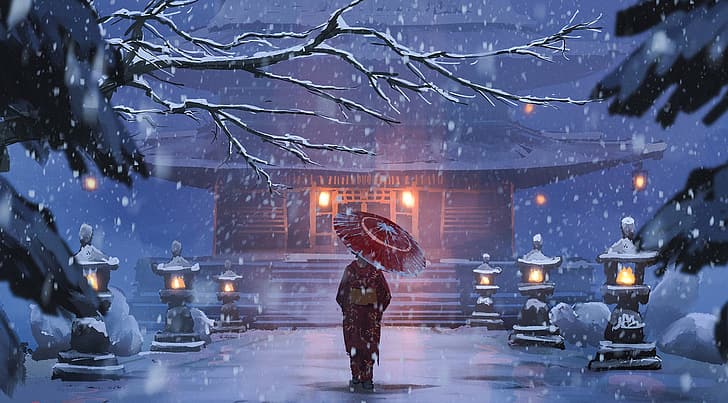 аниме, аниме девушки, зонт, кимоно, зима, снег, Сурендра Раджават, HD обои
