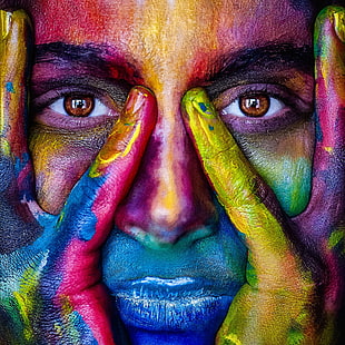 лицо человека, лицо, краски, разноцветные, макияж, HD обои HD wallpaper