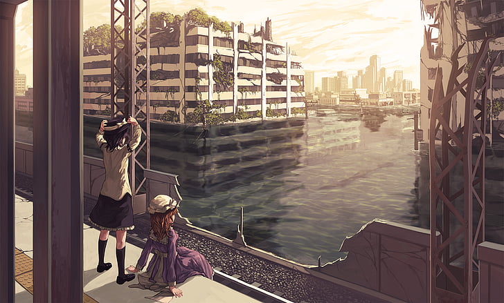 Anime, Touhou, City, Girl, Maribel Hearn, Renko Usami, Ruin, Sea, HD wallpaper