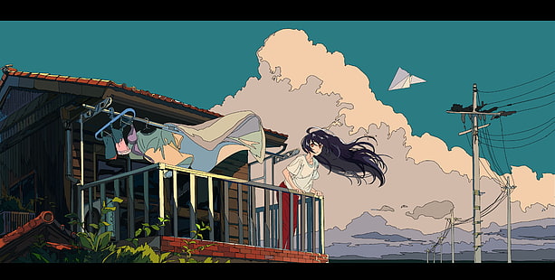 Paper 茶, aviões de papel, meninas anime, cabelos longos, HD papel de parede HD wallpaper