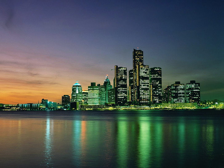 kota, air, lampu, refleksi, bangunan, Detroit, cityscape, Wallpaper HD