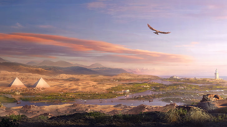 video game, pemandangan, Mesir, elang, piramida, sungai, Assassin's Creed: Origins, Assassin's Creed, Wallpaper HD