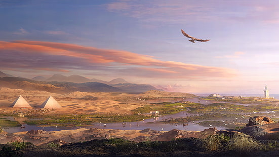 gry wideo, krajobraz, Egipt, orzeł, piramida, rzeka, Assassin's Creed: Origins, Assassin's Creed, Tapety HD HD wallpaper