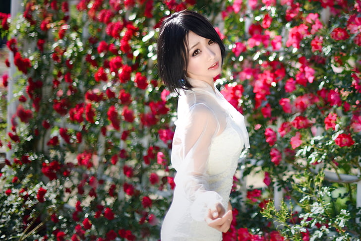Asian, Japanese, women, model, rose, flowers, HD wallpaper