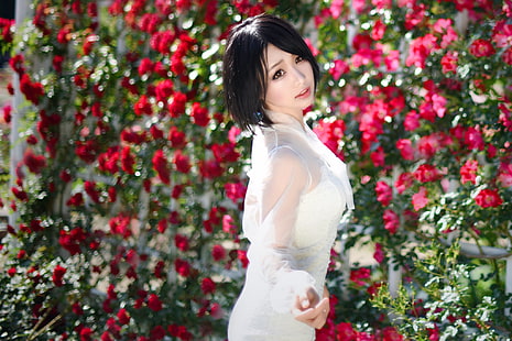 Asiatica, giapponese, donna, modello, rosa, fiori, Sfondo HD HD wallpaper